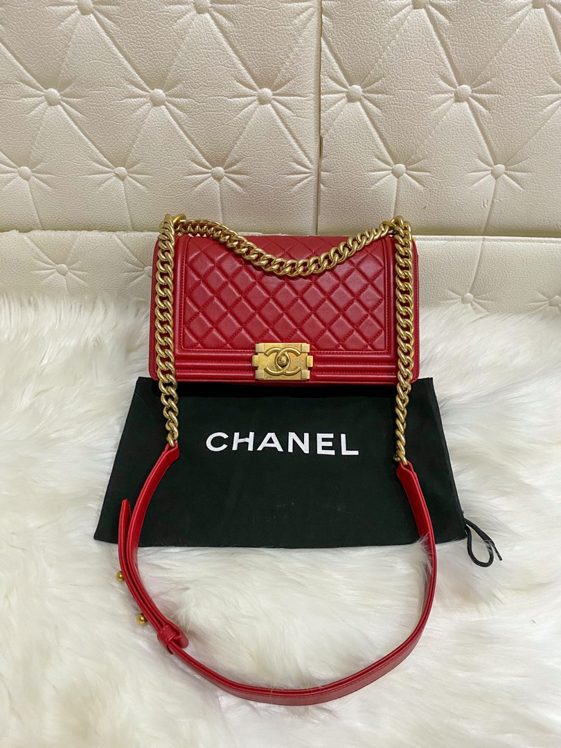 AUTHENTIC Chanel Old Medium Lambskin Le Boy in Red GHW, Luxury, Bags