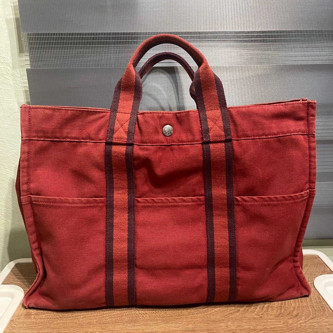 Authentic HERMES Fourre Tote MM Red Canvas Bag, Luxury, Bags