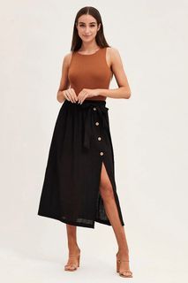 Black waist tie front split midi skirt