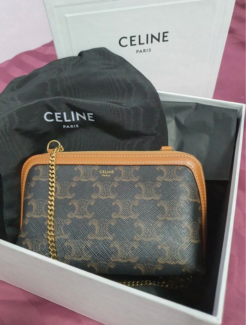 Celine Clutch with Chain in Triomphe Canvas and Lambskin, White, ONESIZE*Stock Confirmation Required