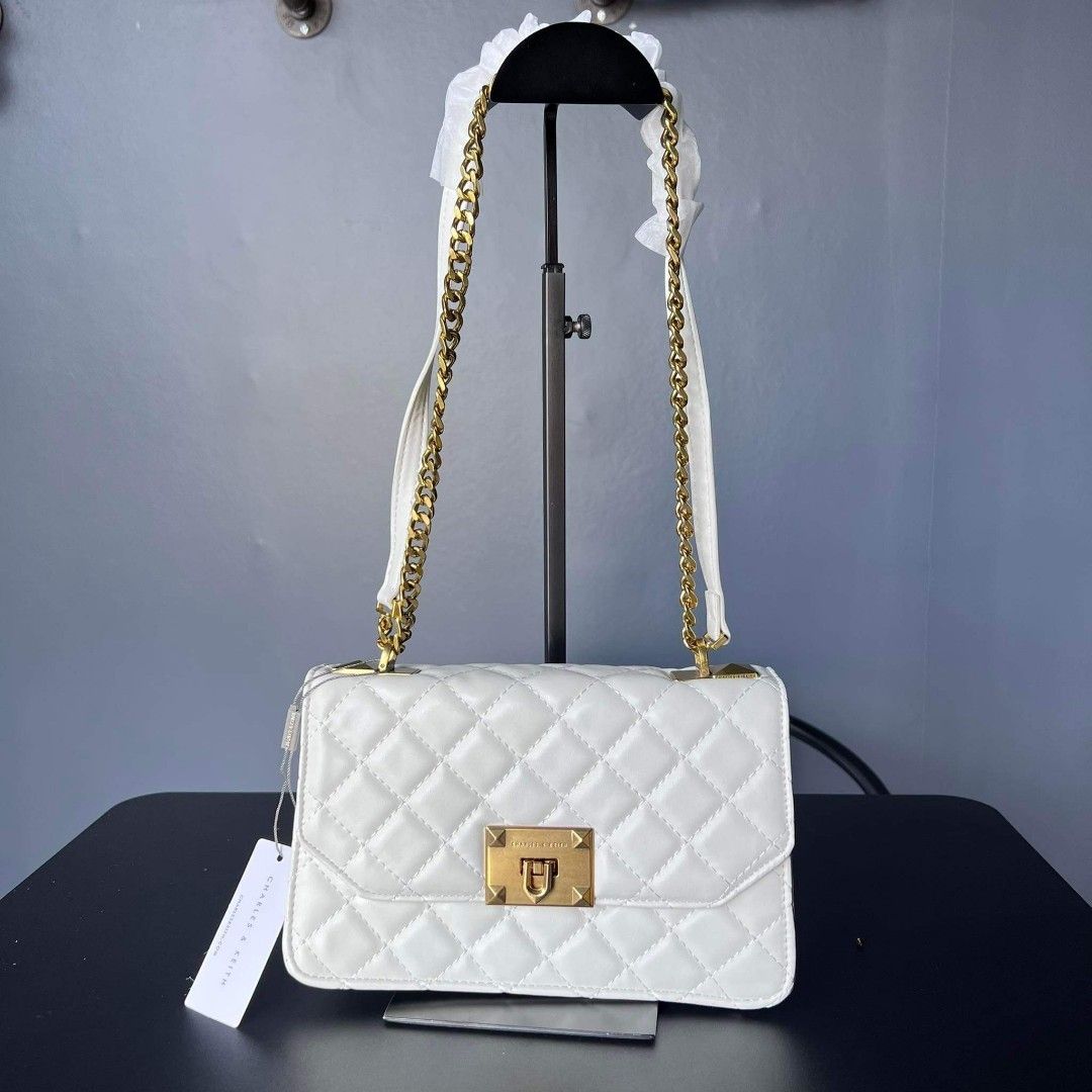 Charles and Keith Quilted Chain Strap Crossbody Bag Black, White