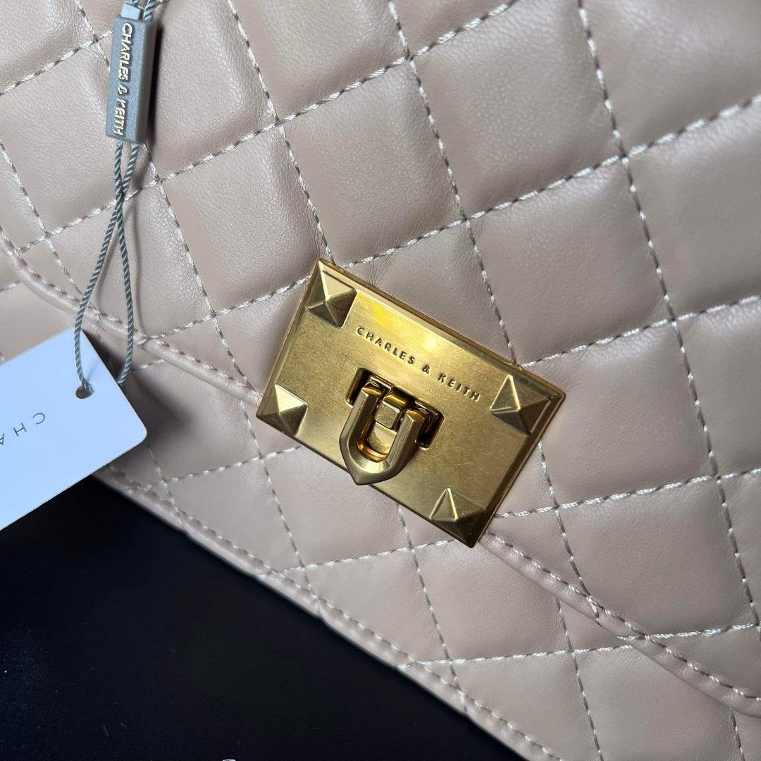 Charles and Keith Quilted Chain Strap Crossbody Bag Black, White