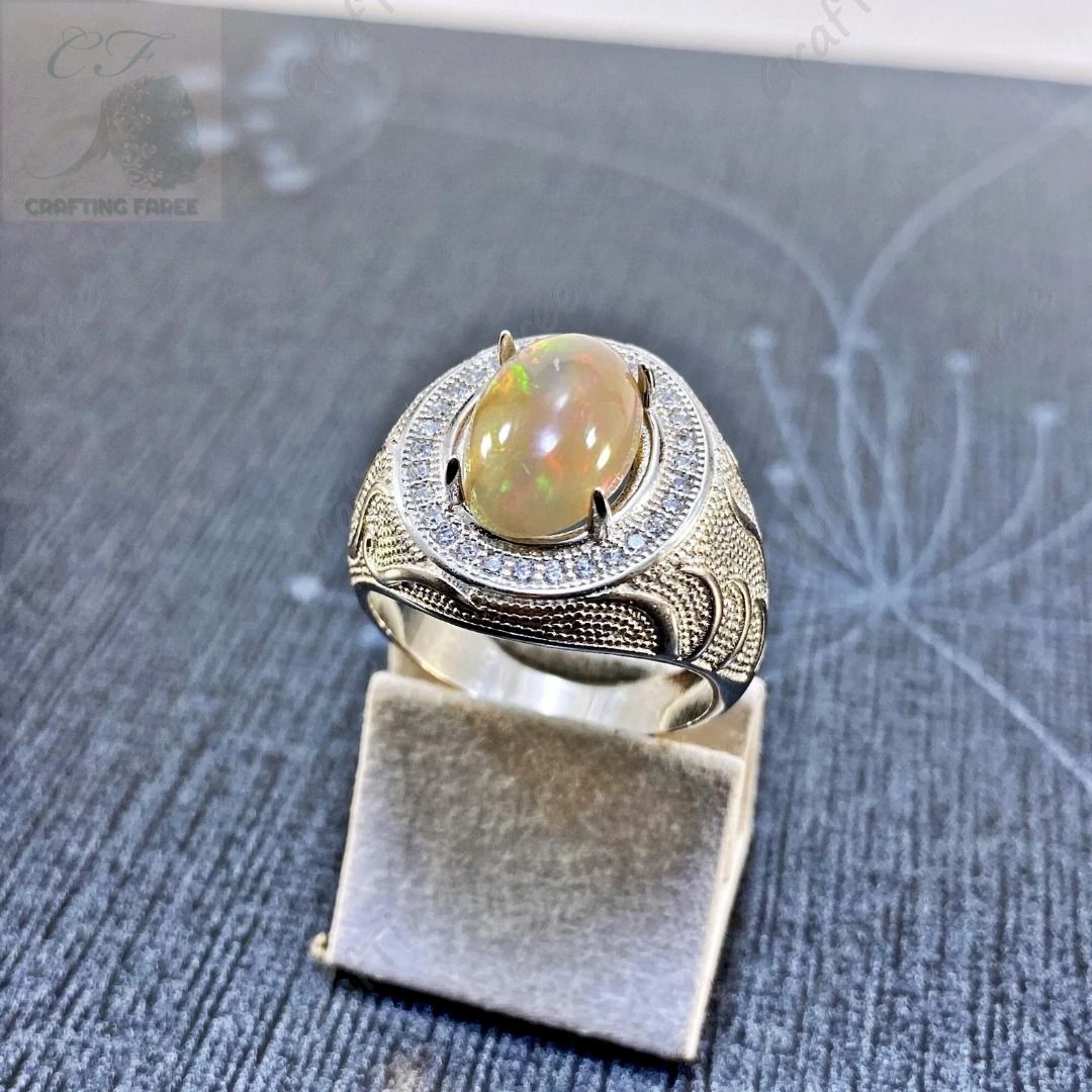 Classic Plus Men s White Opal Ring 925 w 18k White Gold Plated