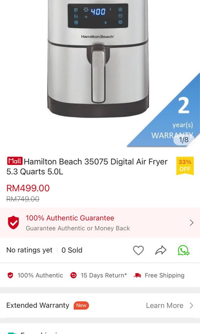 Hamilton air fryer, TV & Home Appliances, Kitchen Appliances, Fryers on