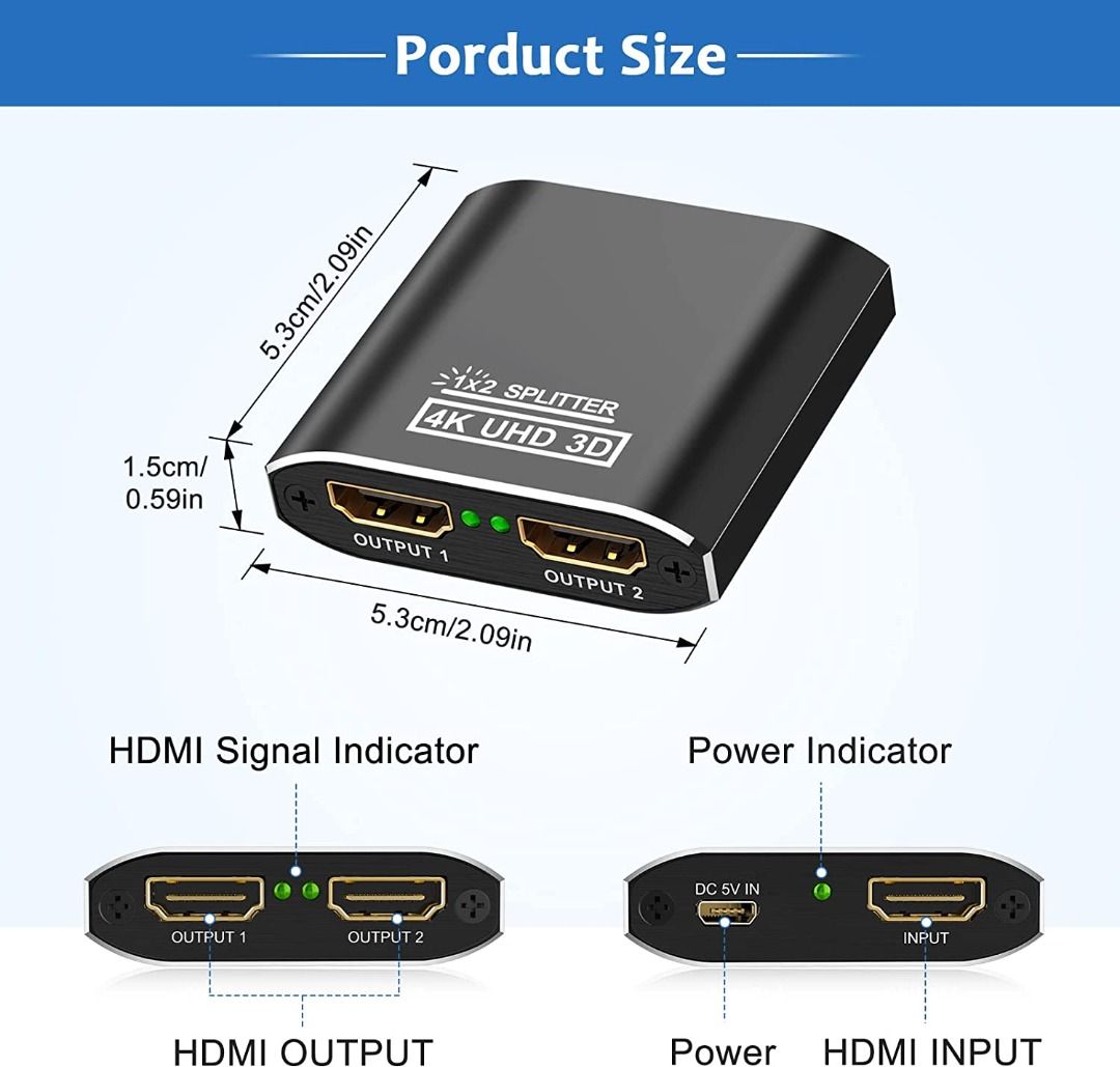 HDMI Splitter 1 in 2 Out - 4K 2 Way HDMI Splitter, Aluminum Powered HDMI  Switch Ver