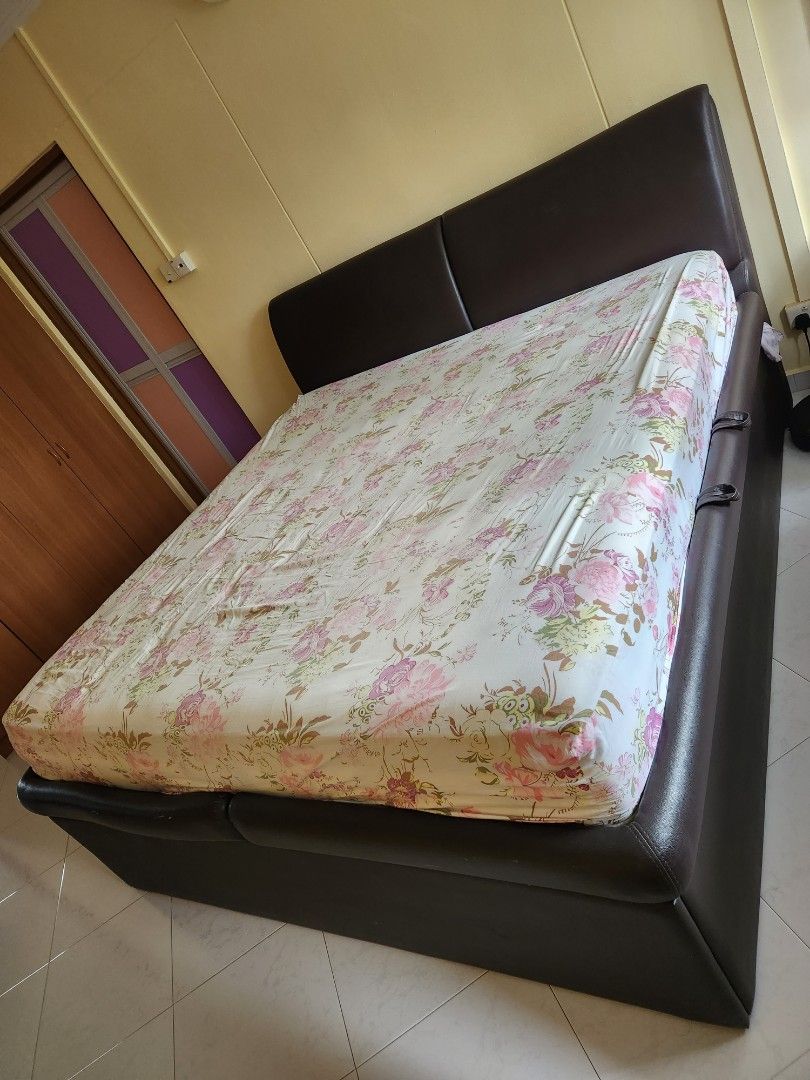 King size storage bed frame and mattress, Furniture & Home Living
