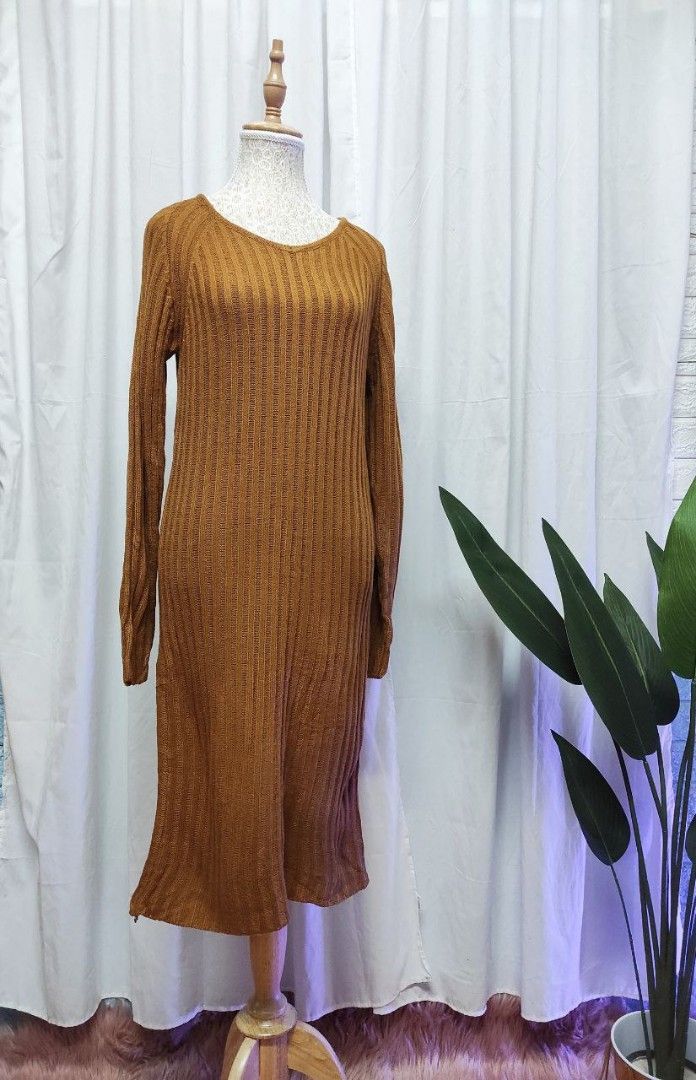 Knitdress Dark Mustard Ribbed Midi Dress H12 Women s Fashion