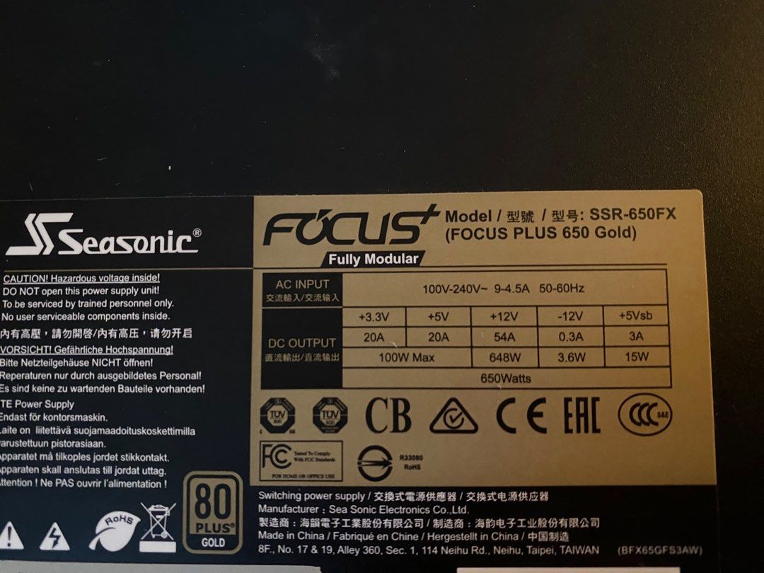 Seasonic Focus Plus Gold 650w PSU Power supply unit for PC, Computers ...
