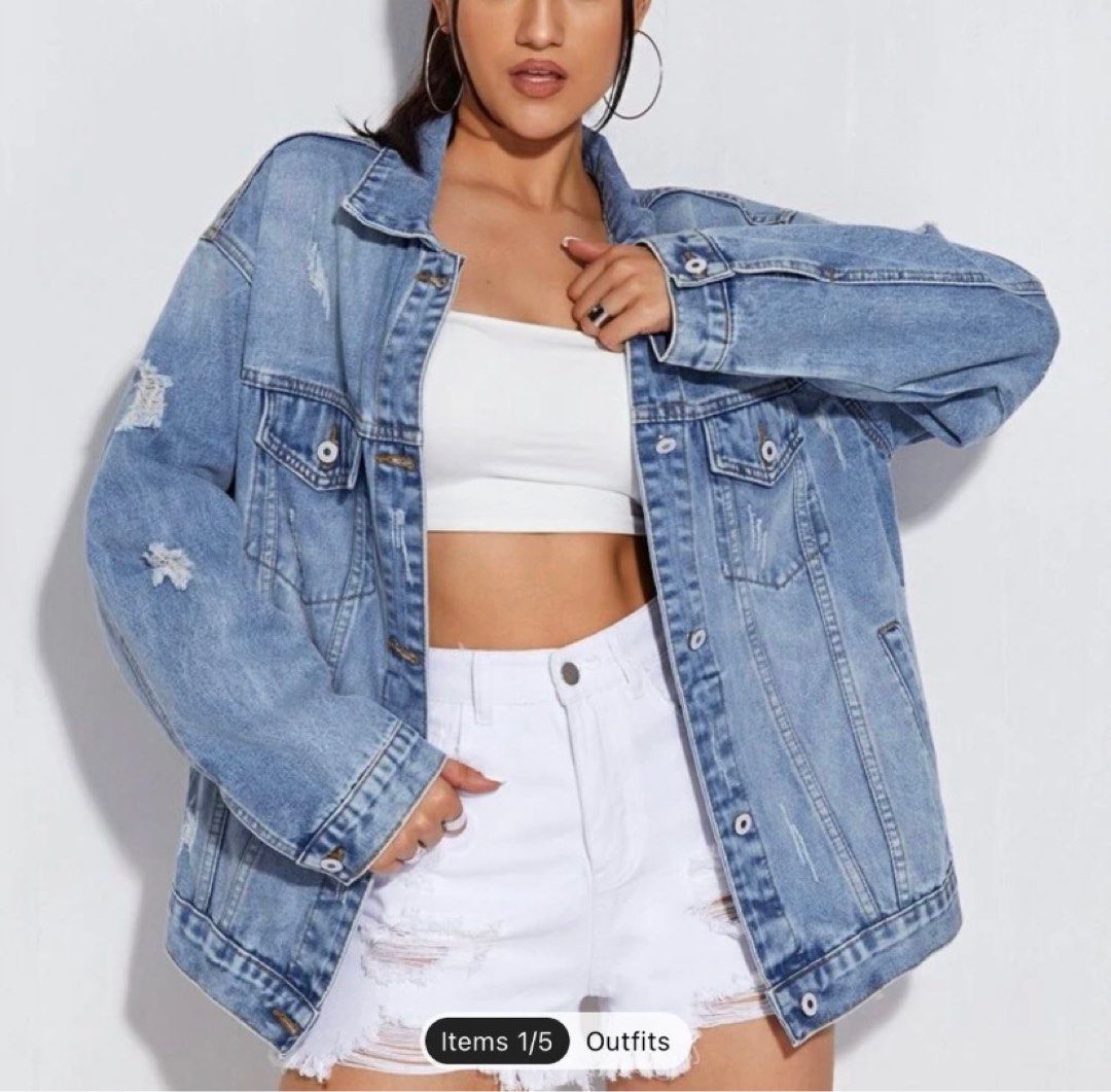 SHEIN Ripped Detail Drop Shoulder Denim Jacket, Women's Fashion