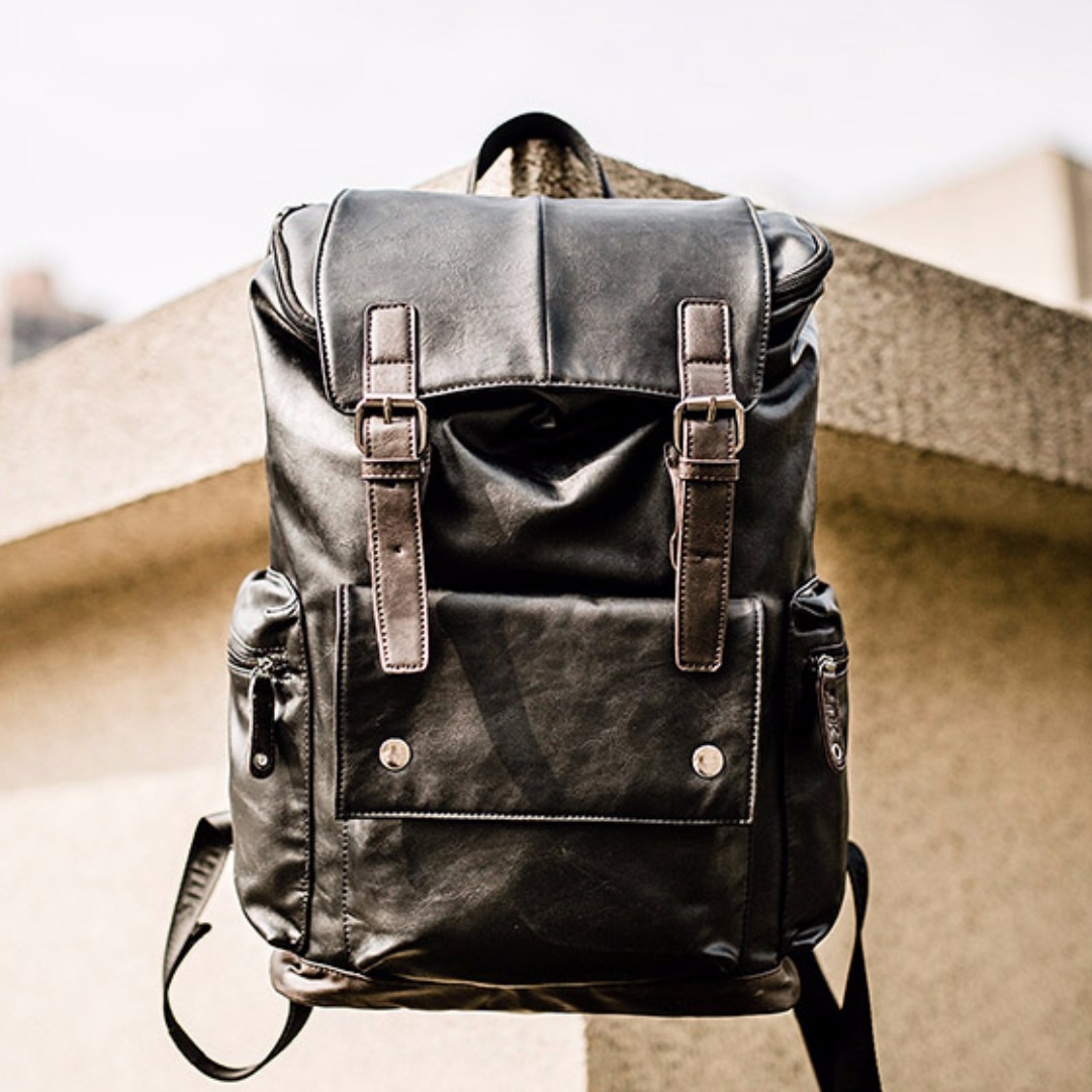 Faux leather discount backpack men