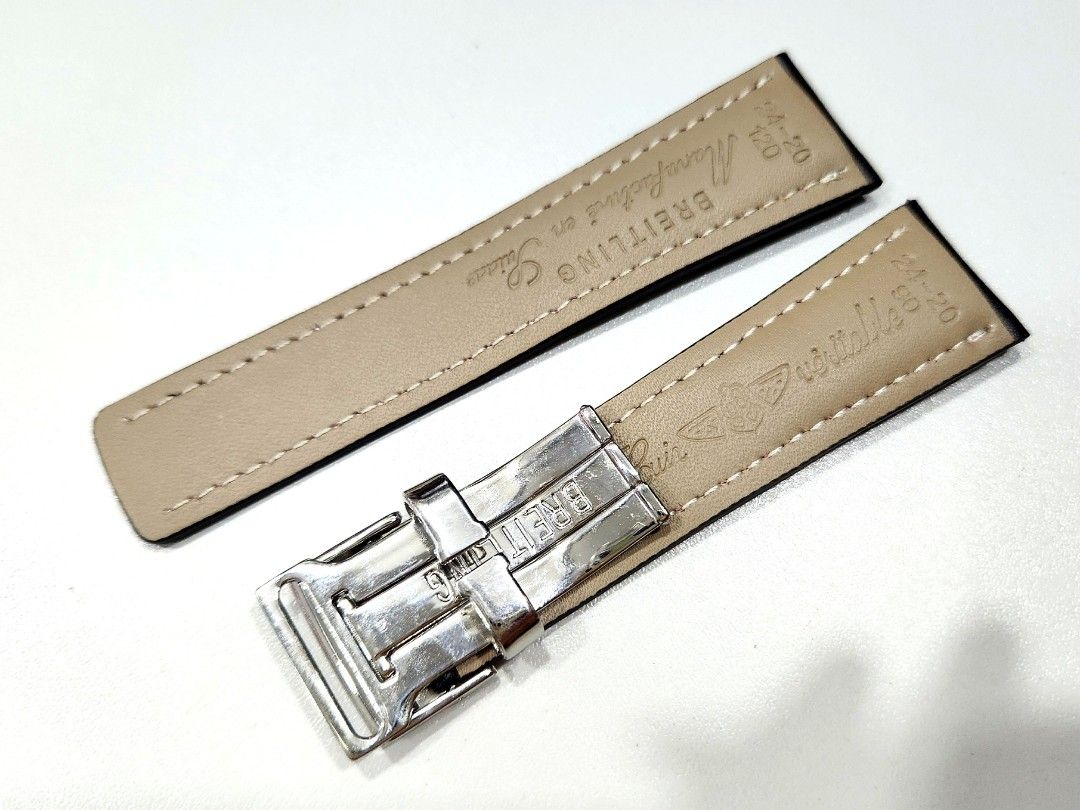 22mm 24mm Black Breitling Leather Watch Strap with Deployment Folding