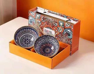 2PCS Bohemian Ceramic Handicraft Bowl Set Kitchen Dinnerware Plate Gift Souvenir CK331