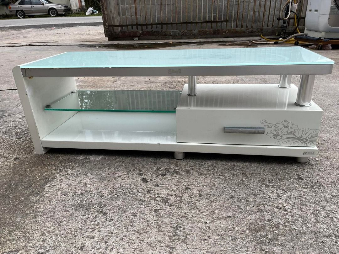 4ft Glass Top TV Rack Console Drawer, Furniture & Home Living