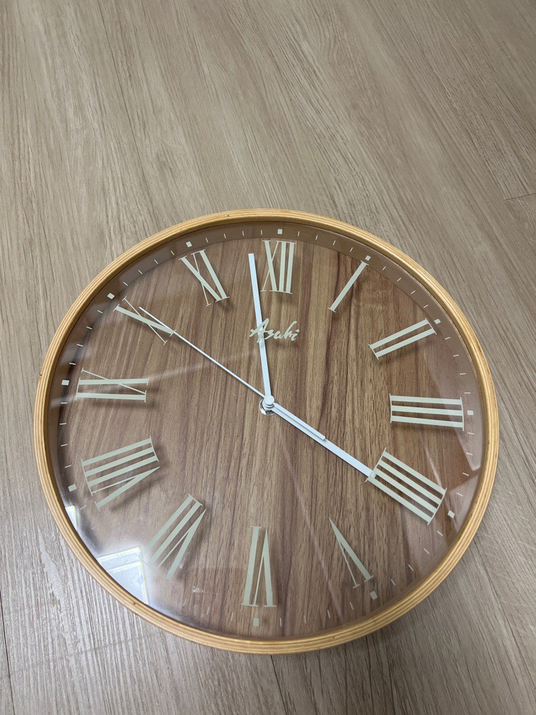 Asahi 12 inches round wall clock wooden frame, Furniture & Home Living