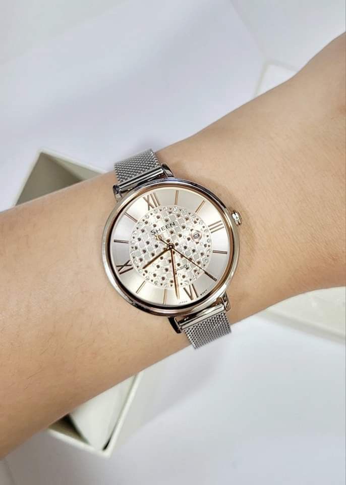 Authentic Casio Sheen Mesh Strap Silver Swarovski 34mm SHE 4059M
