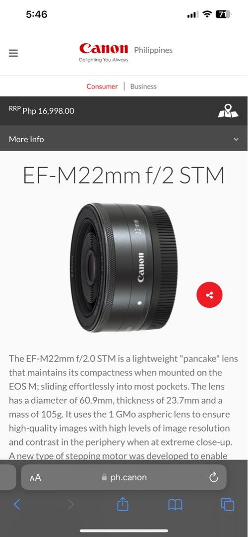 Canon Mirrorless Lens Canon EFM22mm f/2 STM With Box and Freebies