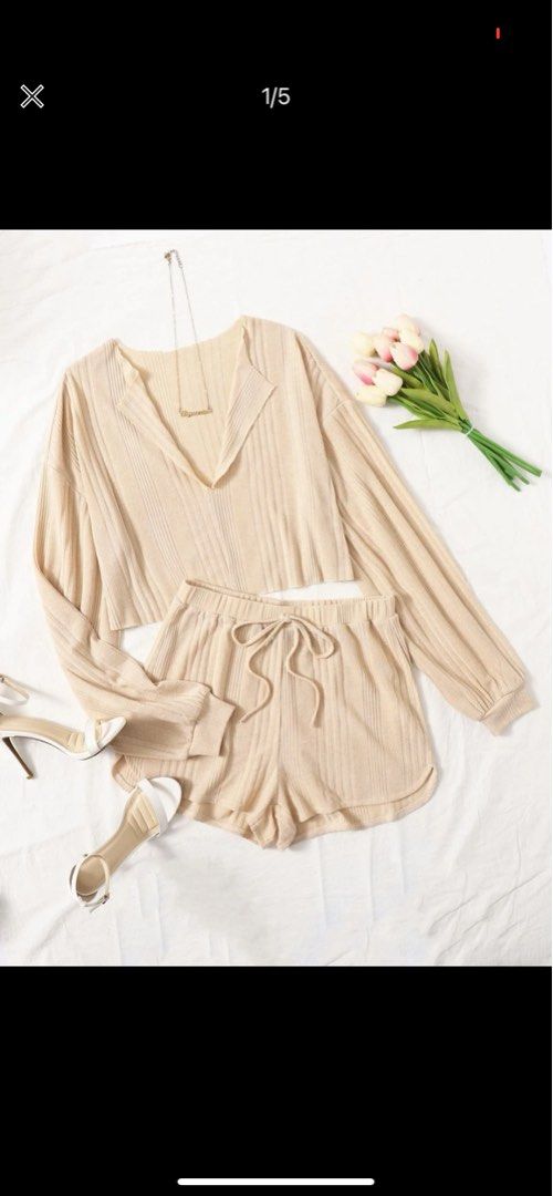 Drop shoulder notched neck top & shorts hot sale set