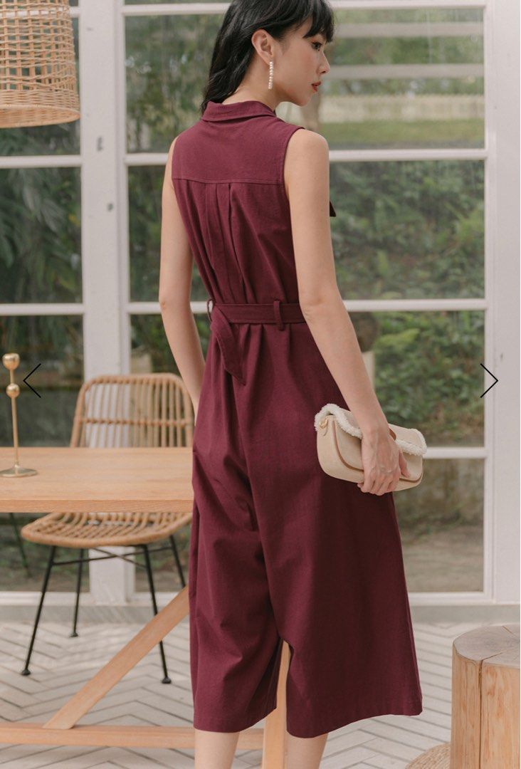 HENLEY BELTED JUMPSUIT IN WINE, Women's Fashion, Dresses & Sets