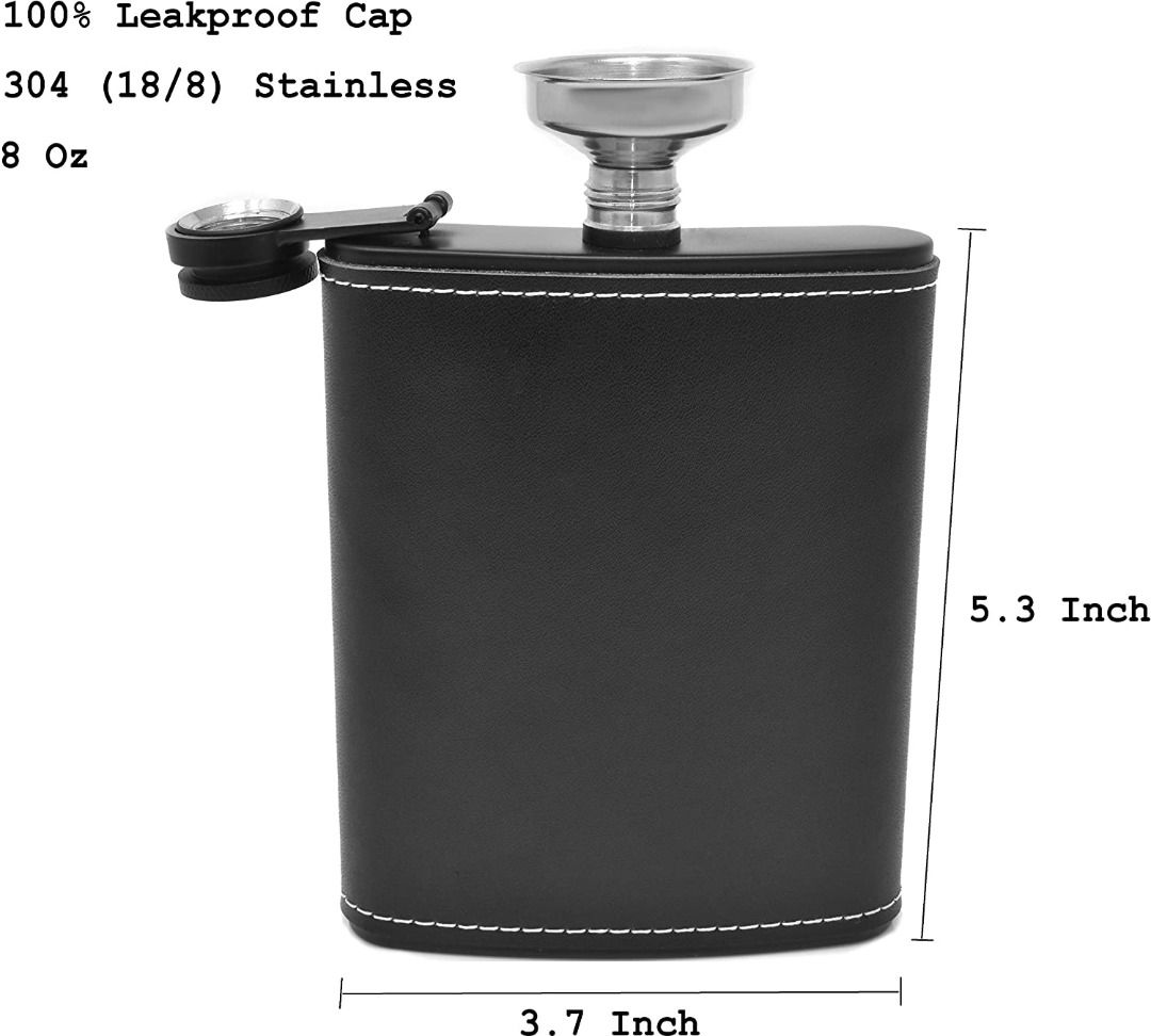 Hip Flask for Liquor Matte Black 8 Oz Stainless Steel LeakProof