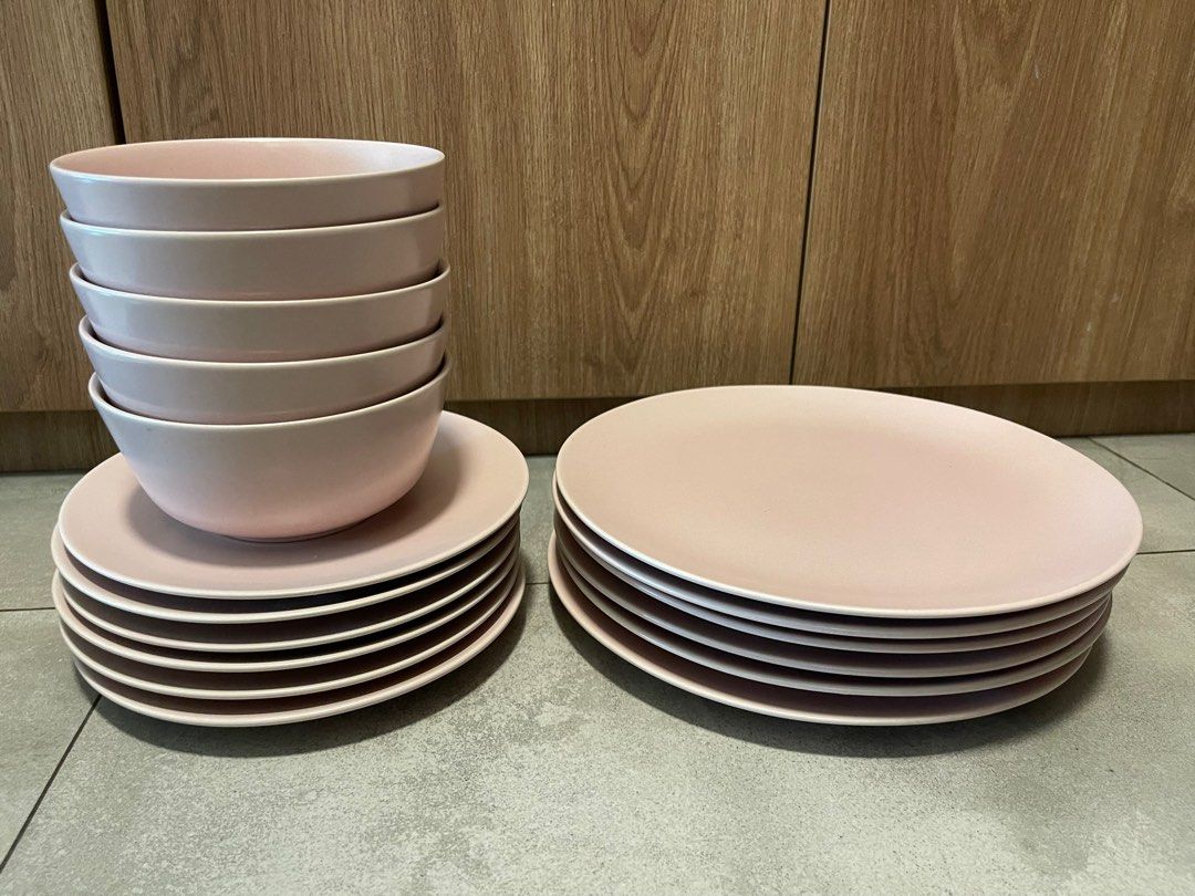 IKEA pink Dinera dinnerware set of large and small plates, bowls, Furniture & Home Living