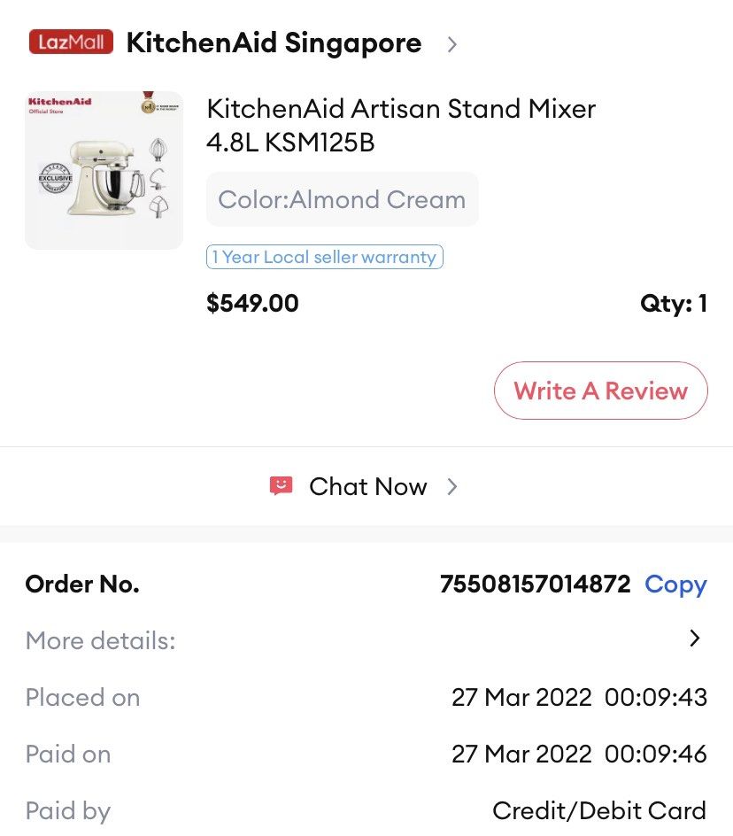 KitchenAid Artisan Stand Mixer 4.8l KSM125B, Furniture & Home Living
