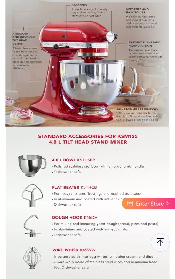 KitchenAid Artisan Stand Mixer 4.8l KSM125B, Furniture & Home Living