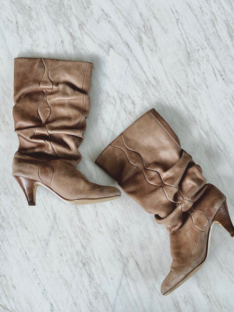 Leather Boots size 38.5 - Brown, Fesyen Wanita, Sepatu di Carousell Brown Leather Slouch Boots