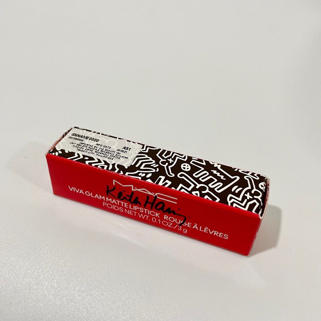 MAC Viva Glam x Keith Haring Lipstick (Authentic) (Category: Makeup) located in Manila. Submitted by dr.jean (Listing ID 1207528694, Image 3). Description: Shade: Red Haring Authentic. Check photo of box Retails at Php1200++ RFS: Decluttering .