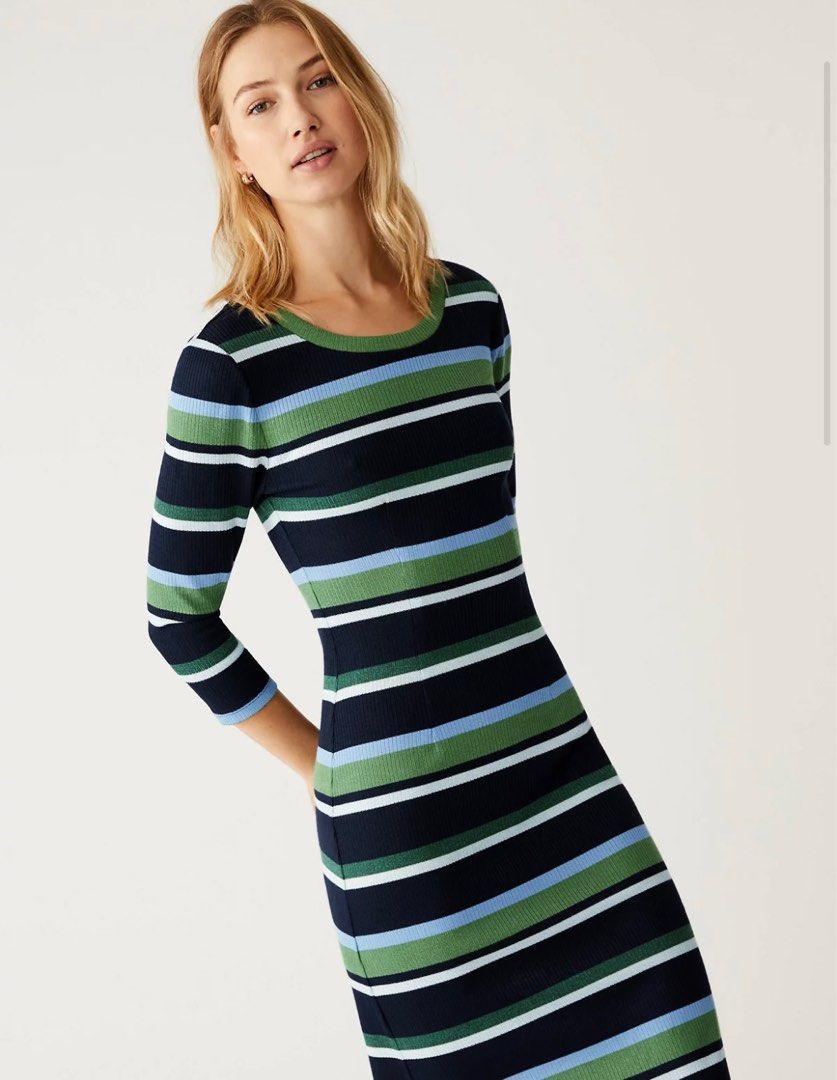 NEW M S Jersey Striped Round Neck Midi Skater Dress Marks Spencer
