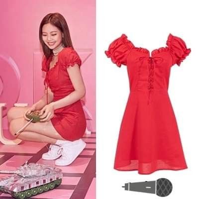 Poppy Red Dress Puff Sleeve Jennie Blackpink Same model Women s