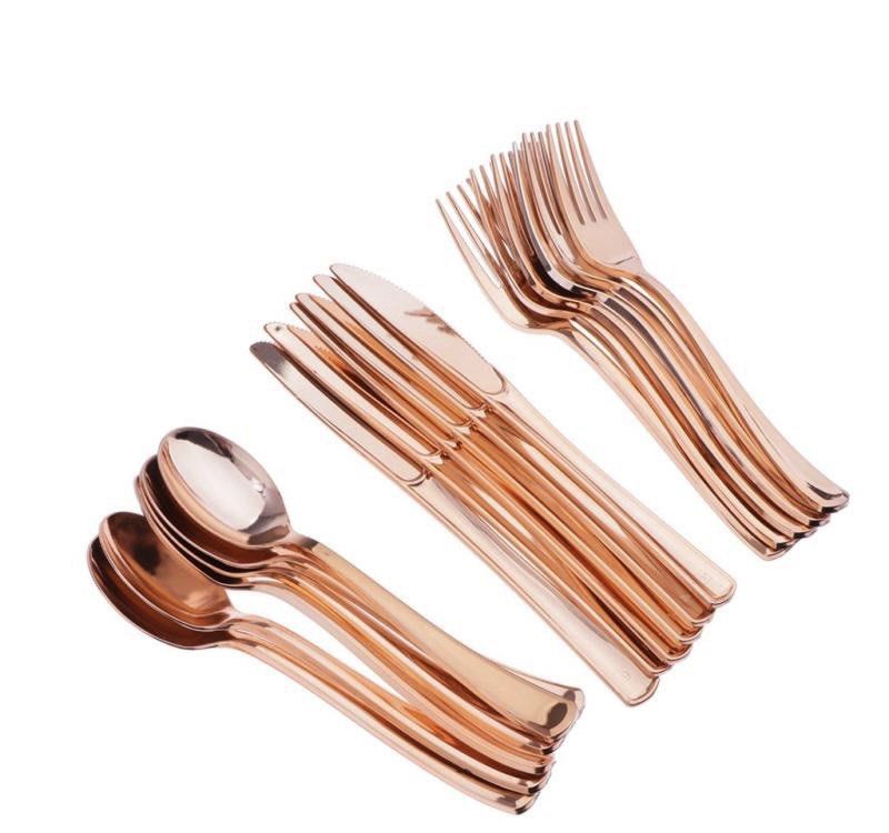 Rose Gold Disposable Cutlery 18 Plastic Silverware Set Silver & Gold