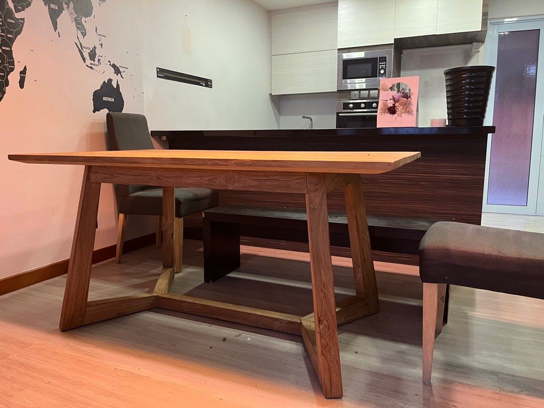 Solid Wood Dining Table (Category: Tables & Sets) located in Singapore. Submitted by hudame (Listing ID 1207455714, Image 1). Description: Condition 9/10 Six seater dining table Originally priced at $1000+ Suitable for outdoor as well Measurements in cm: 160 by 90 by 79 (Breadth x Depth x Height) Buyer to arrange own transport .