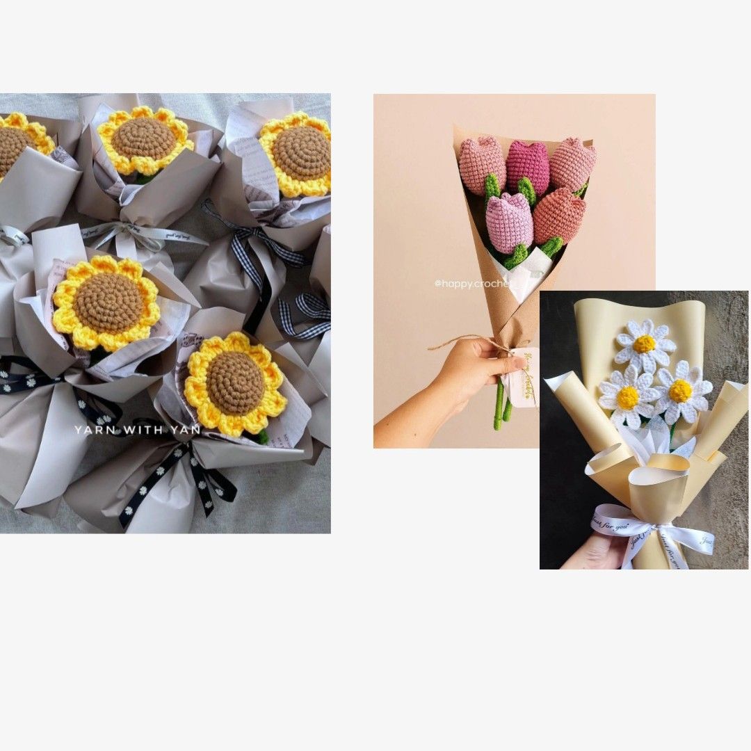 Sunflower, Tulips, Daisy Flower Bouquet Crochet, Hobbies & Toys