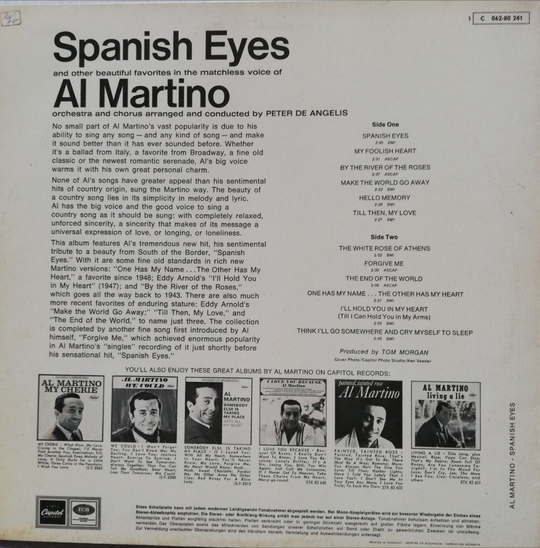 Vinyl Record Al Martino Spanish Eyes, Hobbies & Toys, Music & Media