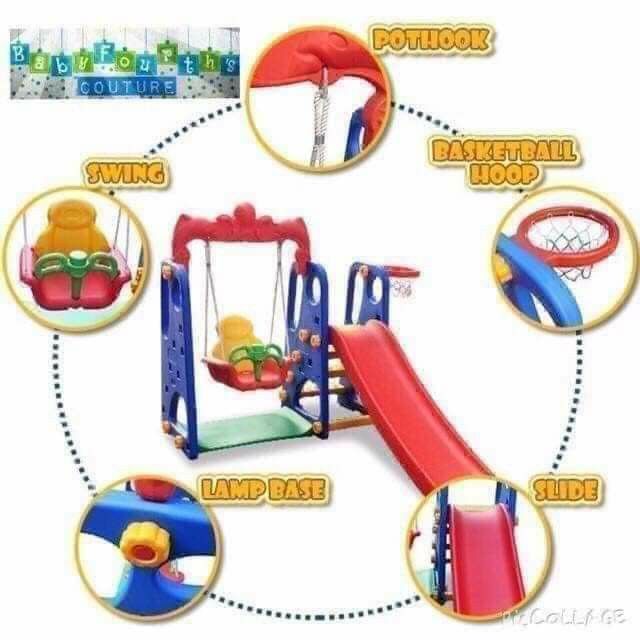 3in1 slide (Category: Infant Playtime) located in Manila. Submitted by saguittarian06 (Listing ID 1207697911, Image 2). Description: ₱4,800 Colorful 3 in 1 with smooth slide, sturdy swing, basketball hoop, Suitable for 1 to 9 yrs old Indoor & Backyard Pwede na ito pang birthday gift, Indoor and outdoor pede.