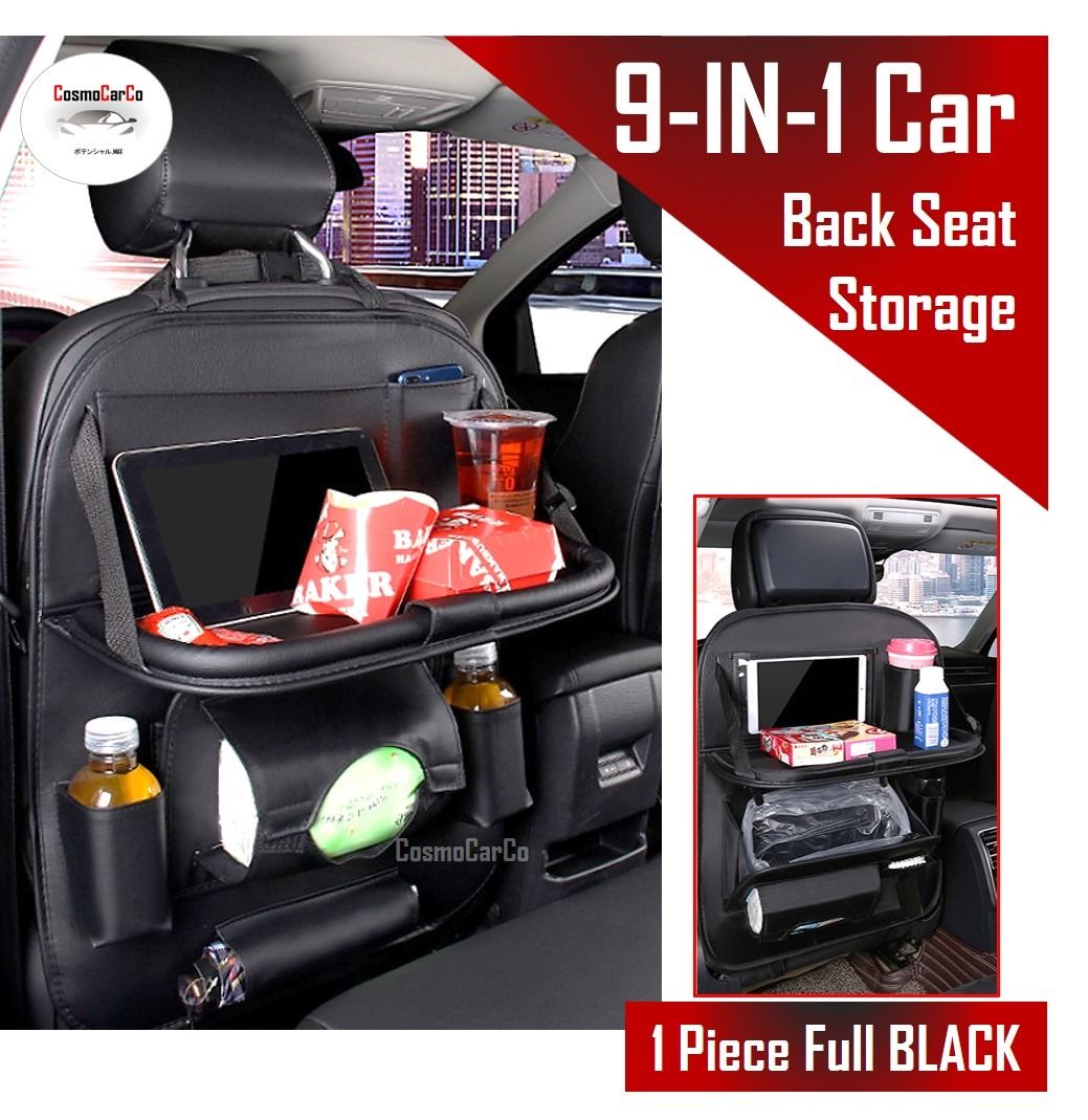 9-IN-1 HANGING Car Back Seat Organiser With Dining Tray  Multi Pocket  Backseat Storage Bag Phone Bottle Tissue Box Holder Pouch Organizer - BLACK  Leather MULTIFUNCTION - Automobile Accessories 1 Piece, Car