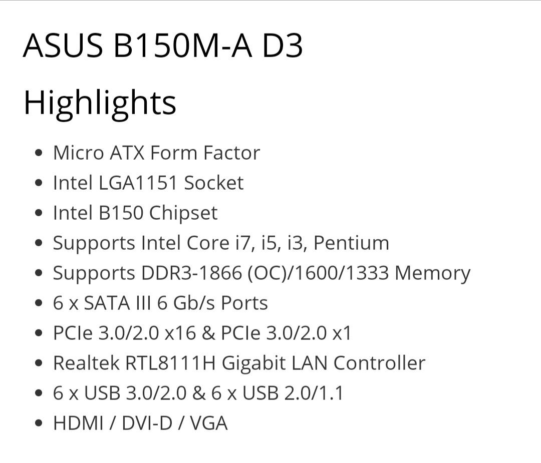 Asus B150MA D3 Motherboard, Computers & Tech, Parts & Accessories