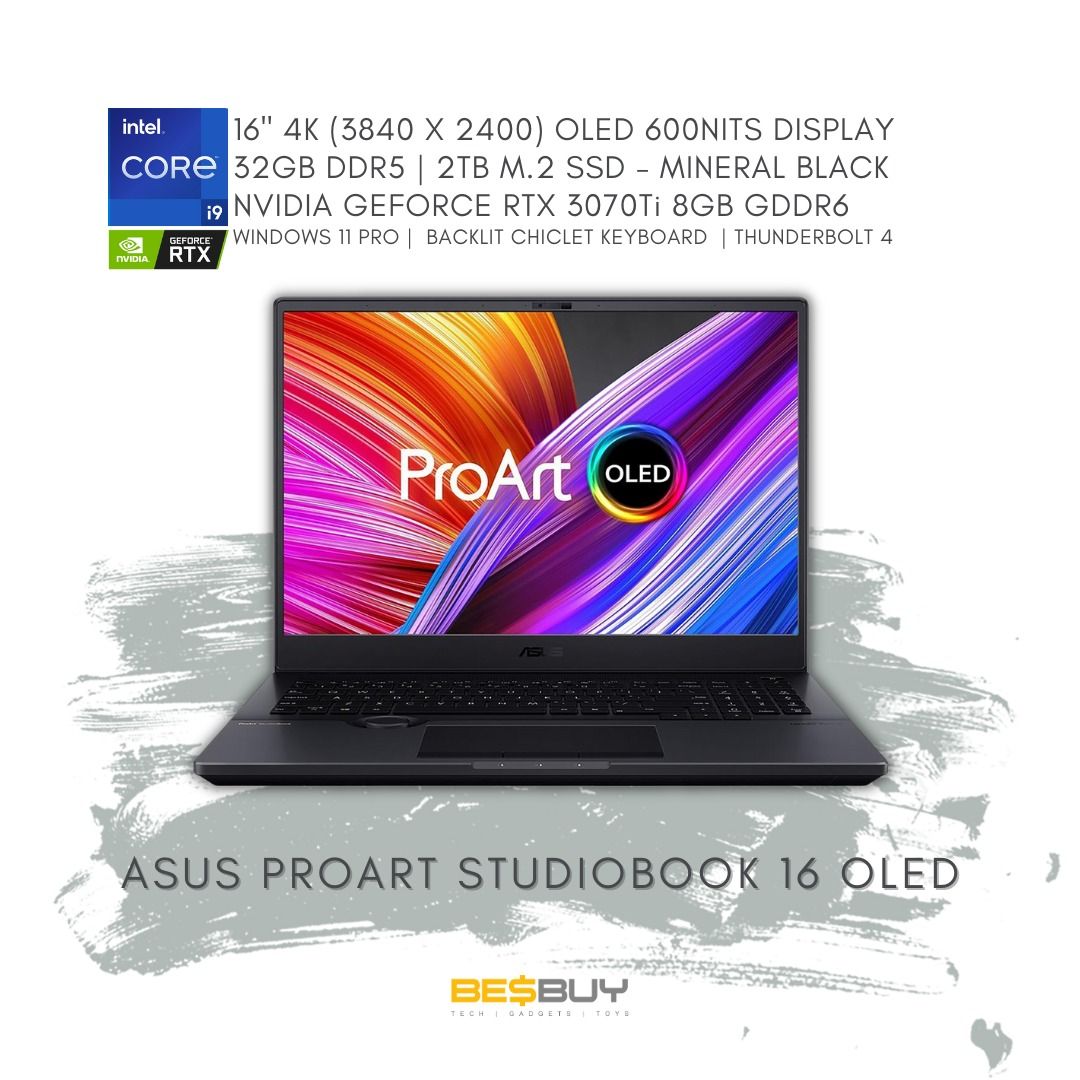 ASUS ProArt Studiobook 16 OLED - Intel Core 12900H - NVIDIA RTX A3000 [Pre-order] (Category: Laptops & Notebooks) located in Manila. Submitted by besbuyph (Listing ID 1207853814, Image 1). Description: Available for PRE-ORDER Brand new and sealed unit. Prices and availability are subject to change without notice Message us for full specs and other details OR Call/Viber/Whatsapp us at +639958508861.