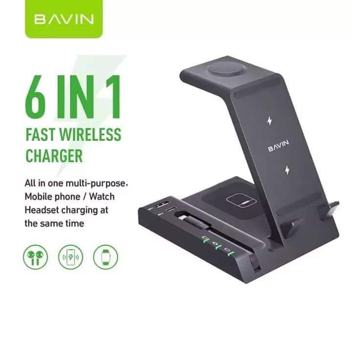 ✅BAVIN 6 IN 1 MULTI-FUNCTION WIRELESS CHARGER 15W STAND HOLDER PC056 (Category: Chargers & Cables) located in Makati City. Submitted by jc.cuerdo (Listing ID 1207853647, Image 3). Description: ￼✅BAVIN 6 IN 1 MULTI-FUNCTION WIRELESS CHARGER 15W STAND HOLDER PC056 👉Support AirPods /iPhone /iWatch SPECIFICATION: ▪️Name:6 in 1 fast wireless charger ▪️Model:PC056 ▪️Color:black ▪️Input voltage:9v/2a 12v/2a ▪️Charging efficiency:75% ▪️Transmission dist