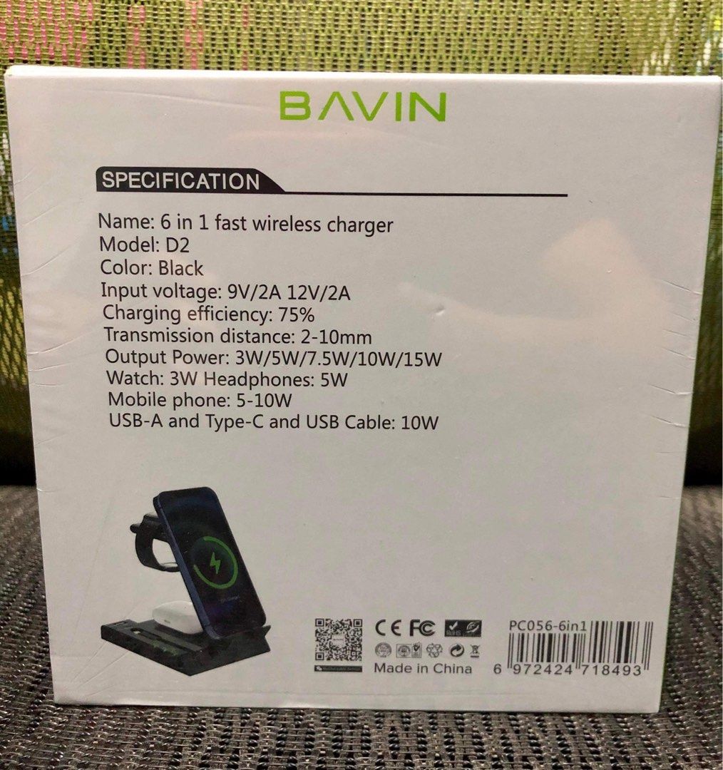 ✅BAVIN 6 IN 1 MULTI-FUNCTION WIRELESS CHARGER 15W STAND HOLDER PC056 (Category: Chargers & Cables) located in Makati City. Submitted by jc.cuerdo (Listing ID 1207853647, Image 2). Description: ￼✅BAVIN 6 IN 1 MULTI-FUNCTION WIRELESS CHARGER 15W STAND HOLDER PC056 👉Support AirPods /iPhone /iWatch SPECIFICATION: ▪️Name:6 in 1 fast wireless charger ▪️Model:PC056 ▪️Color:black ▪️Input voltage:9v/2a 12v/2a ▪️Charging efficiency:75% ▪️Transmission dist