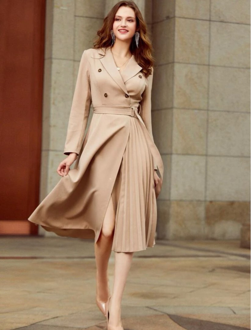 Elegant Beige Double-Breasted Belted - Coat