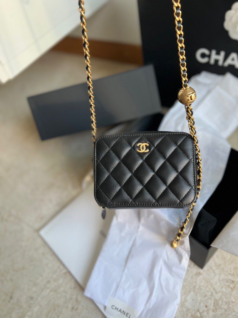 Chanel 23C black lambskin mini vanity camera bag with pearl crush FULL  SET!!, Luxury, Bags & Wallets on Carousell