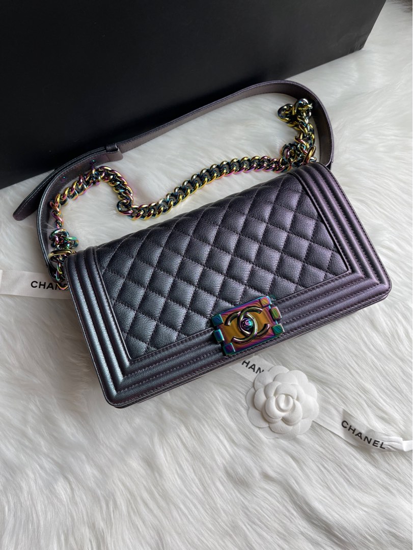 CHANEL Old Medium Boy Iridescent Purple Goatskin Rainbow Hardware 2016 -  BoutiQi Bags