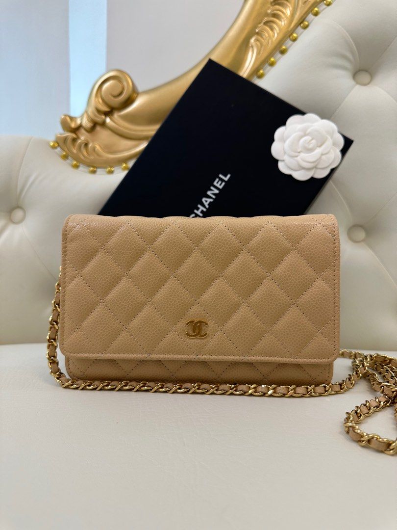 New Box CHANEL Wallet on Chain Caviar Leather Beige WOC Bag Gold MICRO CHIP