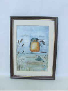 Framed Watercolor Painting of a Kingfisher Bird catching a Fish