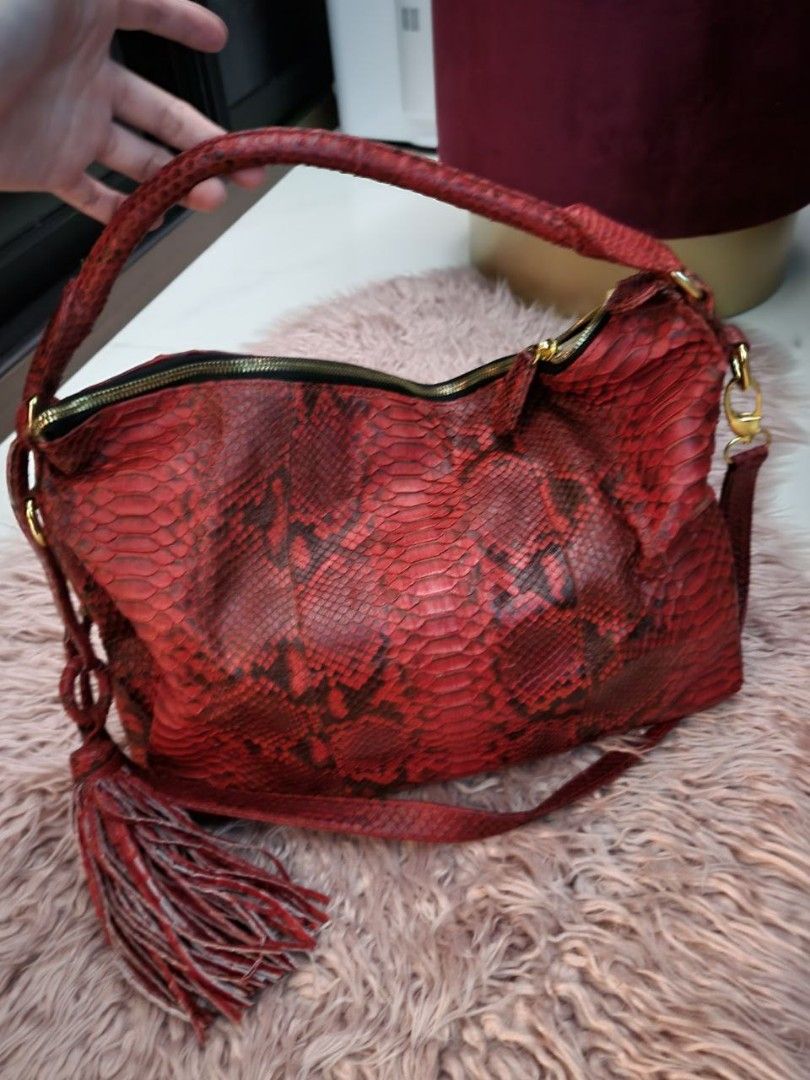 Red Genuine Python Top Handle Bag Snake Skin Handbag Exotic 