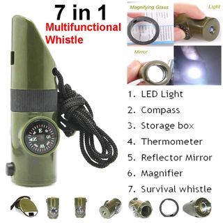 Multifunctional Whistle 7 In 1 Survival Bush craft Trekking Compass Mirror Torch Magnifier Led Light