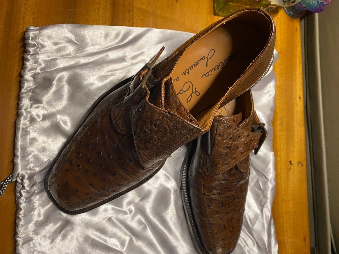Pre owned single buckle genuine ostrich skin leather business shoes Made in Italy fixed price