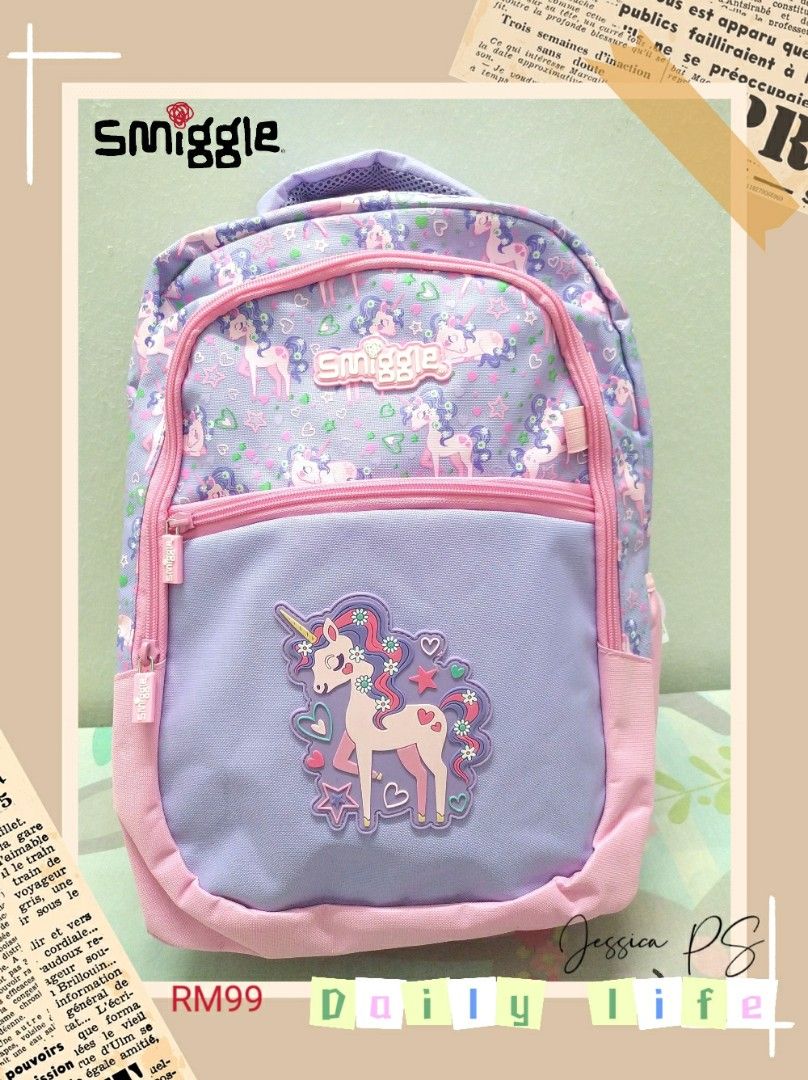 Ready stock Original Smiggle purple Unicorn backpack kids school bag kids Beg Sekolah Rendah Budak girls