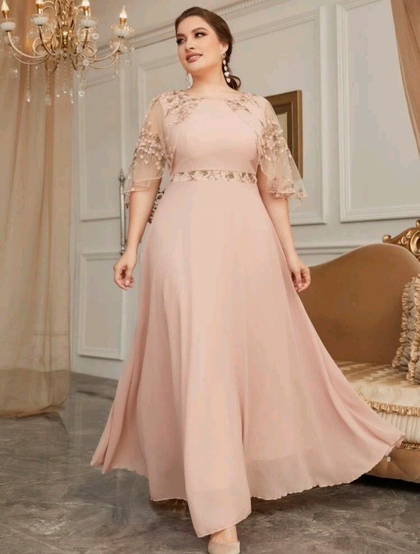 Shein Plus Pink Peach Embroidered Floral Wedding Bridesmaid Long
